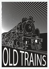 Poster an old railway or trains of ink sketch drawing on black for minimalist vintage poster, train book, cover, illustration background, post card industrial, art print locomotive, 