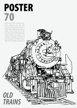 Poster an old railway or trains of ink sketch drawing on black for minimalist vintage poster, train book, cover, illustration background, post card industrial, art print locomotive, 