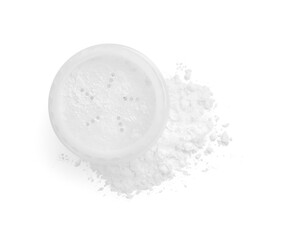 Rice face powder on white background, top view. Natural cosmetic