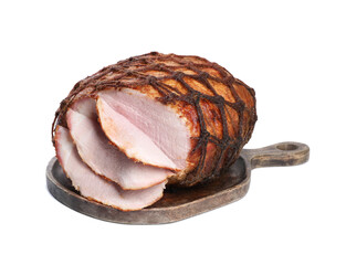Cut delicious baked ham isolated on white