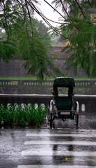 Green cyclo parked on the side of the street in Hue on a rainy day.