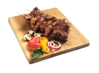 Delicious shish kebabs, parsley and vegetables isolated on white