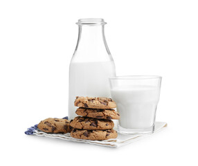 Delicious chocolate chip cookies and milk isolated on white