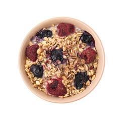 Tasty baked oatmeal with berries in bowl isolated on white, top view