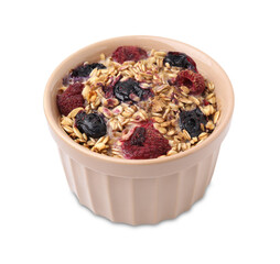 Tasty baked oatmeal with berries in bowl isolated on white