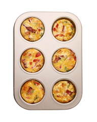 Freshly baked bacon and egg muffins with cheese in tin isolated on white, top view