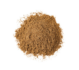 Heap of aromatic caraway (Persian cumin) powder isolated on white, top view
