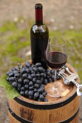 Delicious wine and ripe grapes on wooden barrel outdoors