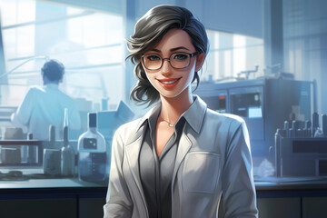 A close-up realistic high definition image of a young female scientist grinning analytically against the background of an interior research lab.