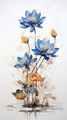 lotus blue flower made Rough charcoal sketch on old paper ,snow on the background,minimal,dynamic pose,clean line art Ai generative