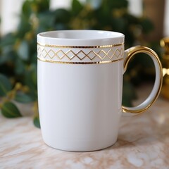 A beautiful white coffee mug with gold trim mock up. Generative AI. 