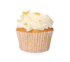 Delicious cupcake with cream and lemon zest isolated on white