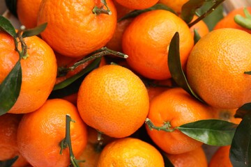 Fresh ripe tangerines and leaves as background, top view