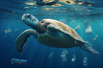 
A sea turtle swims around a lot of plastic garbage. Environmental pollution.