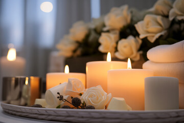 Lighted white candles with white roses in the background. Romantic setting. Spa.