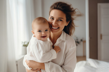 Happy mother with a baby in her arms in a home environment.