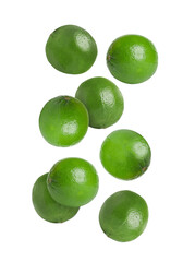 Fresh ripe limes falling on white background