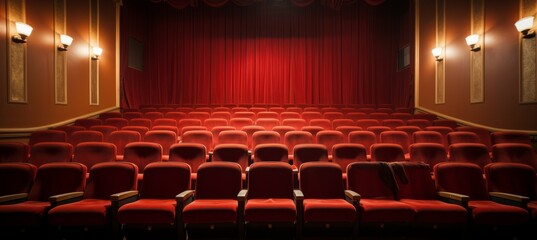 Empty red cinema seats interior. Generative AI technology. - obrazy, fototapety, plakaty