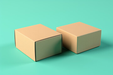 A duo of cardboard packaging boxes one open and the other closed placed on a solid mint green background each with an empty blank label for details