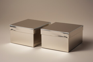 A pair of cardboard boxes one lid open and one closed set against a solid silver background each...