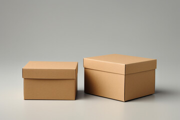 Cardboard packaging boxes in a side view one open and one closed on a solid pastel grey background with blank labels for any kind of customization