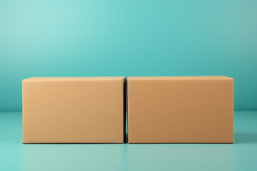 Side view of two cardboard boxes one with an open flap and the other with a closed flap against a solid pastel teal background both featuring empty blank labels