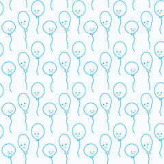 Seamless pattern with contour drawing of Blue Monday balloons with sad smiley faces in trendy blue