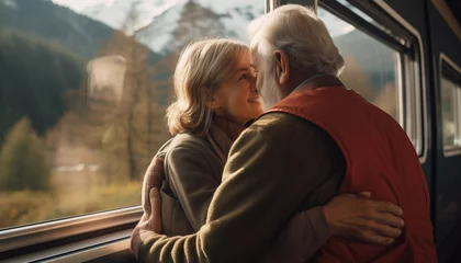 Poster Im Rahmen Back side view, Close up at elder couple's hand embrace around their waist and hug during travel by train and landscape scenery through train's window. © Peeradontax