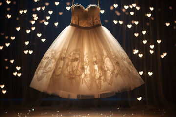 A beautifully embroidered skirt hanging on a hanger, surrounded by a halo of soft, glowing hearts