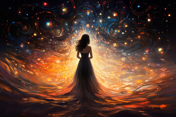An abstract representation of a girl in a skirt, made of swirling colors and light, with sparkling heart patterns