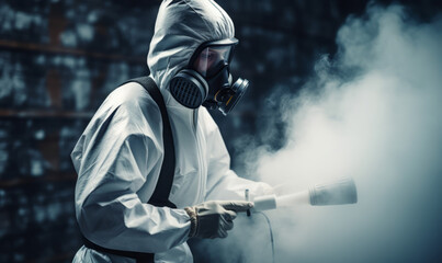 pest control service in a mask and a white protective suit sprays  - obrazy, fototapety, plakaty