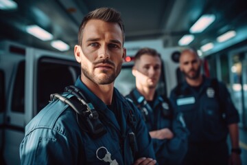 Portrait of pretty paramedic man with ambulance hevicle on background