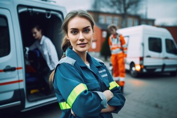 Portrait of pretty young paramedic woman with ambulance hevicle on background - obrazy, fototapety, plakaty