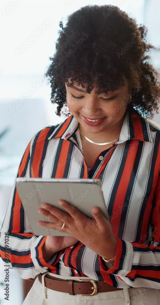 Poster businesswoman, tablet and typing in office or communication, internet search or networking. female p