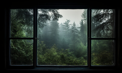 Foggy Window in Cabin in Forest