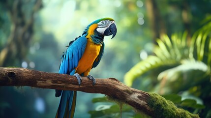 Obraz premium blue macaw bird on a tree branch, in the background of the Amazon jungle. Generative AI