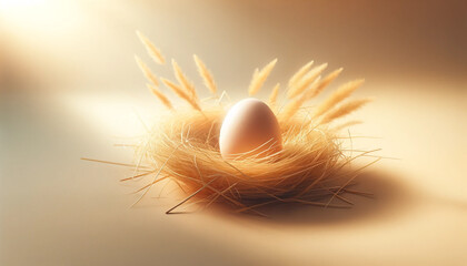 Single Egg in Sunlit Straw Nest with Wheat Ears, Easter concept, serenity - 692797466