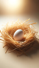 Single Egg in Sunlit Straw Nest with Wheat Ears, Easter concept, serenity - 692797473