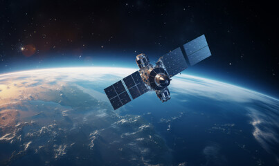 a Satellite in orbit  . Blue planet in the background 