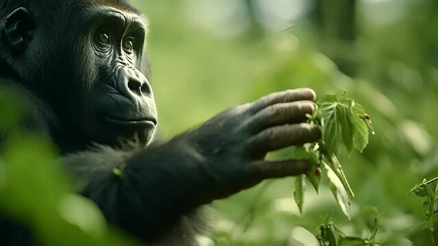 Closeup of the gorillas hand, as it delicately picks at leaves and inspects them, displaying a precise and calculated movement.