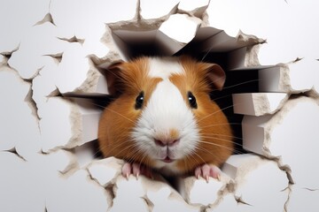 Cute guinea pig peeking out of a hole in wall for mockup. Generative AI - obrazy, fototapety, plakaty