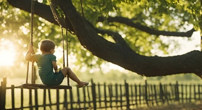 little boy playing on a swing on a tree