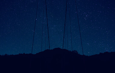 吊り橋の上から見た冬の満点の星空