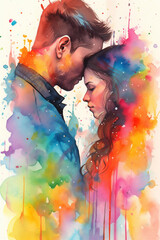 Vibrant Rainbow Colored Watercolor Painting, Young Couple in an Anime Style, Chaotic Paint Splatter, Generative AI