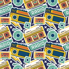 Radio Seamless Pattern Illustration Design with Player for Record and Listening to Music in Flat Cartoon Template