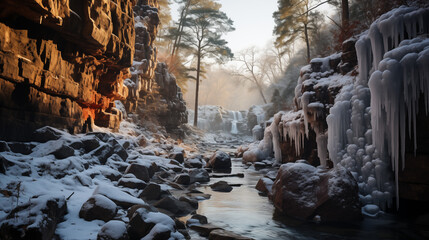 Majestic Frozen Waterfall Amidst Snow-Covered Rocks and Woodland at Sunrise, Winter's Natural Wonder