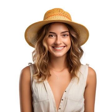 Happy young Woman wearing straw hat and summer tourist outfit  isolated on transparent background Generative AI	