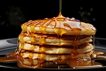 Fototapeta na wymiar Pancake with honey pouring, dramatic studio lighting and a shallow depth of field, placed on a reflective black surface. Ai Generated.NO.04