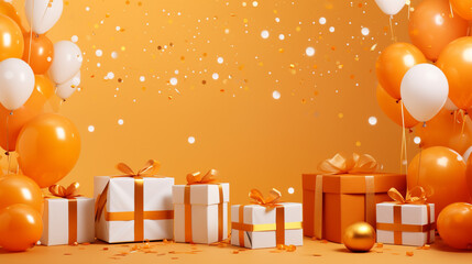 Extravagant party setting with upscale balloons, abundant confetti, and stylish gift boxes against a captivating orange canvas, providing an elegant template for your celebration messages