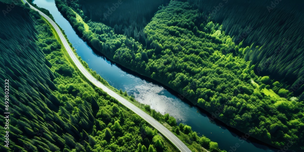 Wall mural Aerial view of a road winding through a dense forest and running alongside a lake. - Wall murals